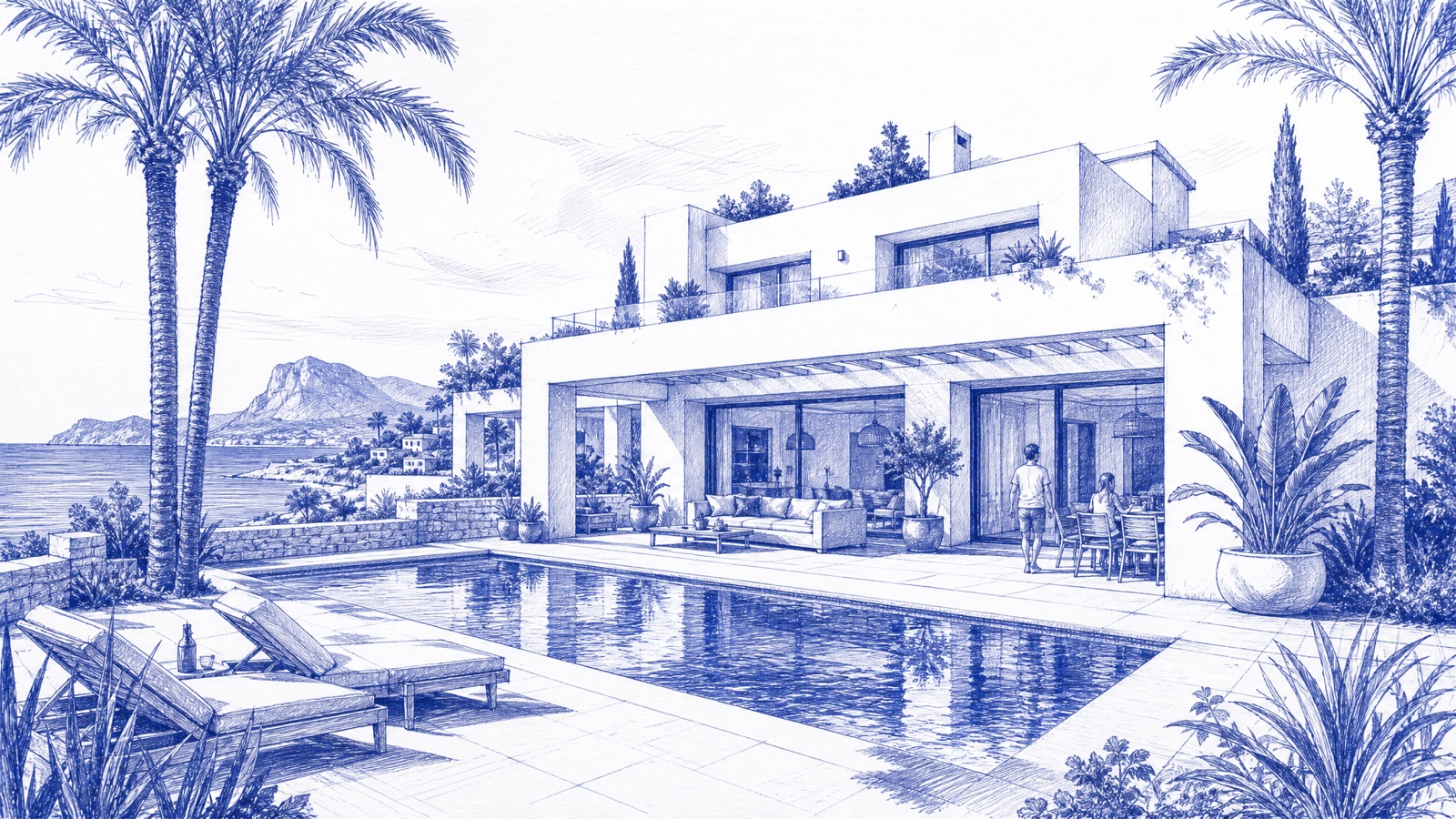 Ilustracja nowoczesnej willi z basenem i palmami na Costa Blanca w Hiszpanii